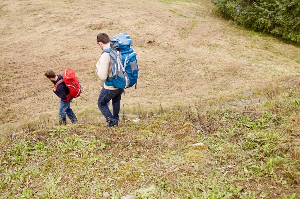 friends with backpacks hiking