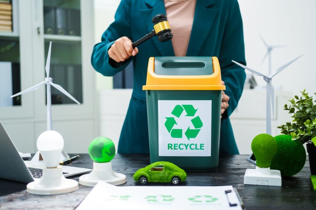 An Asian businesswoman desk discusses environmental laws, clean energy,wind turbines,sustainable