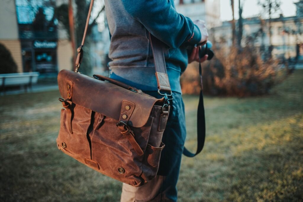 Closeup shot of a brown leather messenger bag