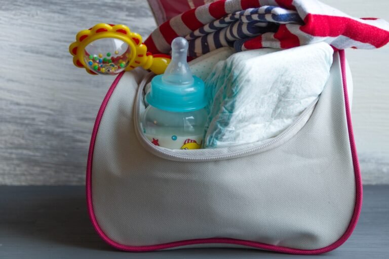 Women's handbag with items to care for the child