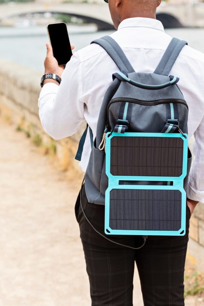 Solar battery charger for mobile devices. Sustainable lifistyle idea